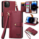 For iPhone 14 Love Zipper Lanyard Leather Phone Case