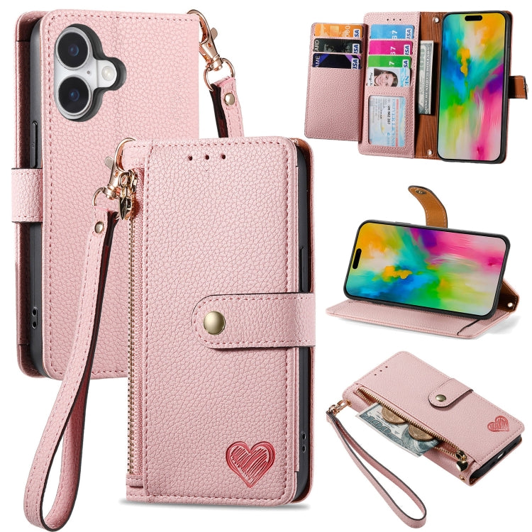 For iPhone 16 Love Zipper Lanyard Leather Phone Case