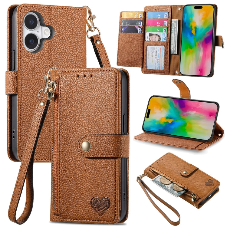 For iPhone 16 Love Zipper Lanyard Leather Phone Case