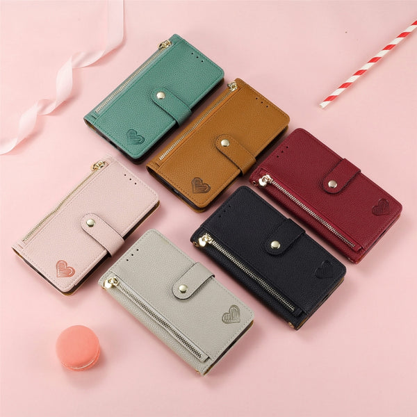 For iPhone 15 Plus Love Zipper Lanyard Leather Phone Case