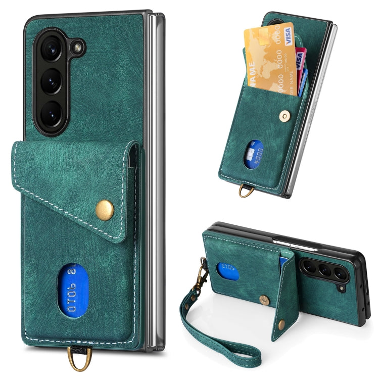 For Samsung Galaxy Z Fold 5 Retro Card Wallet Fold Leather Phone Case with Strap