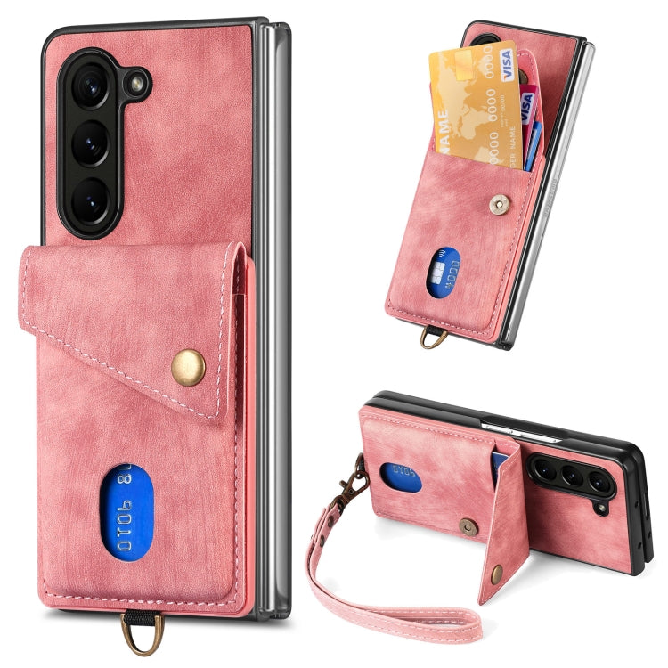 For Samsung Galaxy Z Fold 5 Retro Card Wallet Fold Leather Phone Case with Strap