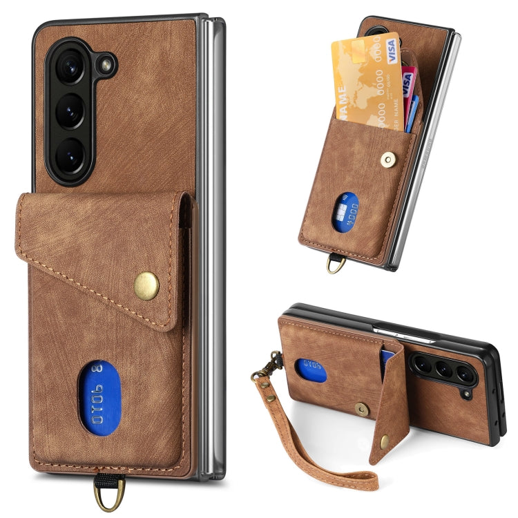 For Samsung Galaxy Z Fold 5 Retro Card Wallet Fold Leather Phone Case with Strap