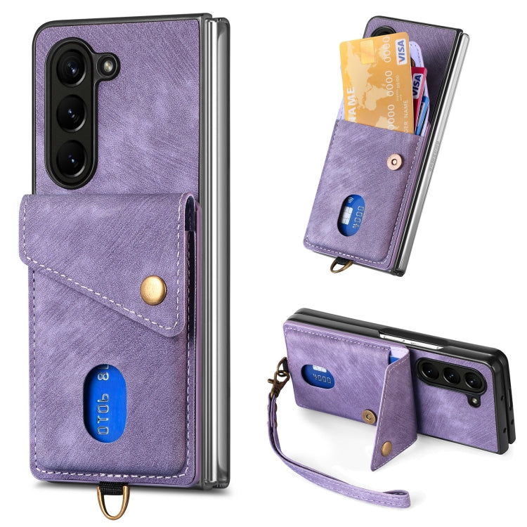 For Samsung Galaxy Z Fold 6 Retro Card Wallet Fold Leather Phone Case with Strap