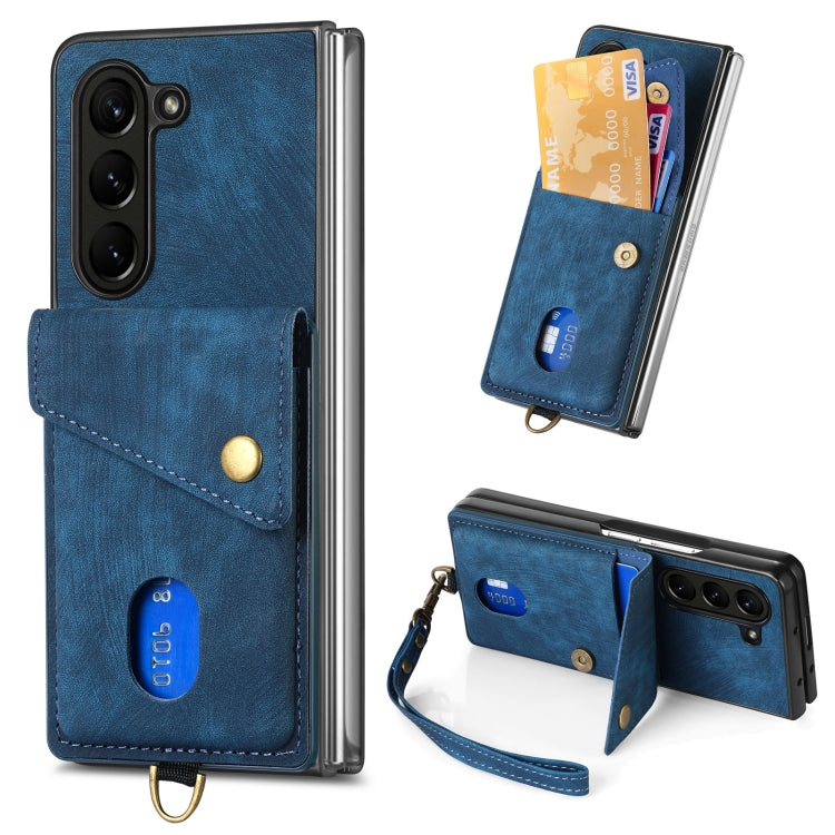 For Samsung Galaxy Z Fold 6 Retro Card Wallet Fold Leather Phone Case with Strap