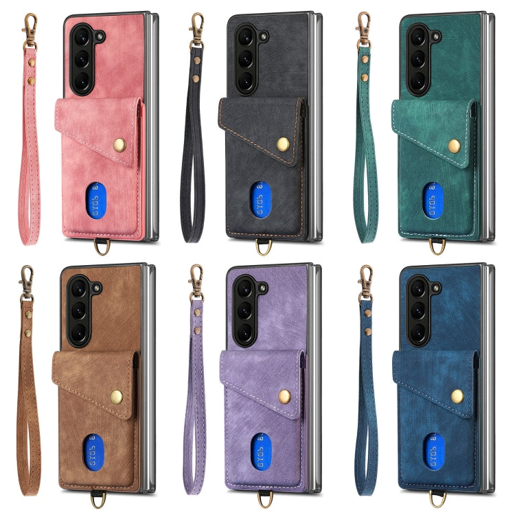 For Samsung Galaxy Z Fold 5 Retro Card Wallet Fold Leather Phone Case with Strap