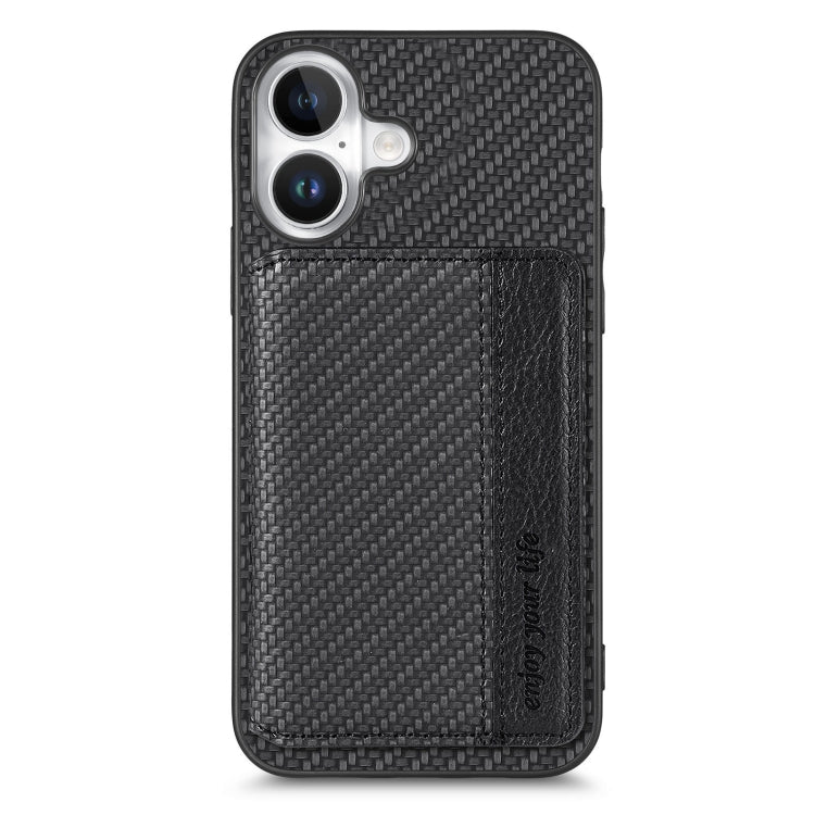 For iPhone 16 Carbon Fiber Magnetic Card Wallet RFID Blocking Phone Case