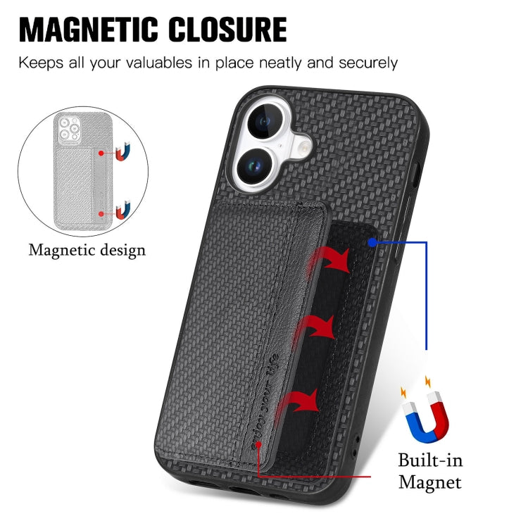 For iPhone 16 Carbon Fiber Magnetic Card Wallet RFID Blocking Phone Case