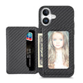 For iPhone 16 Plus Carbon Fiber Magnetic Card Wallet RFID Blocking Phone Case