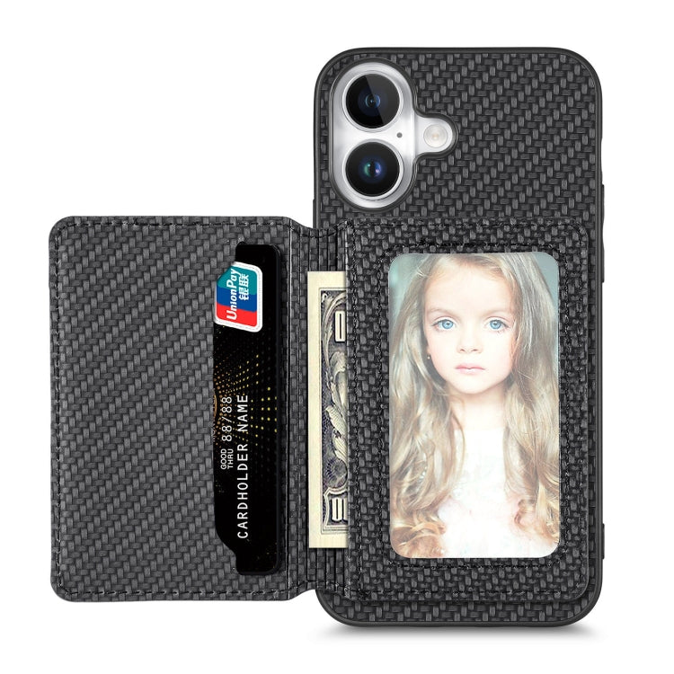 For iPhone 16 Carbon Fiber Magnetic Card Wallet RFID Blocking Phone Case