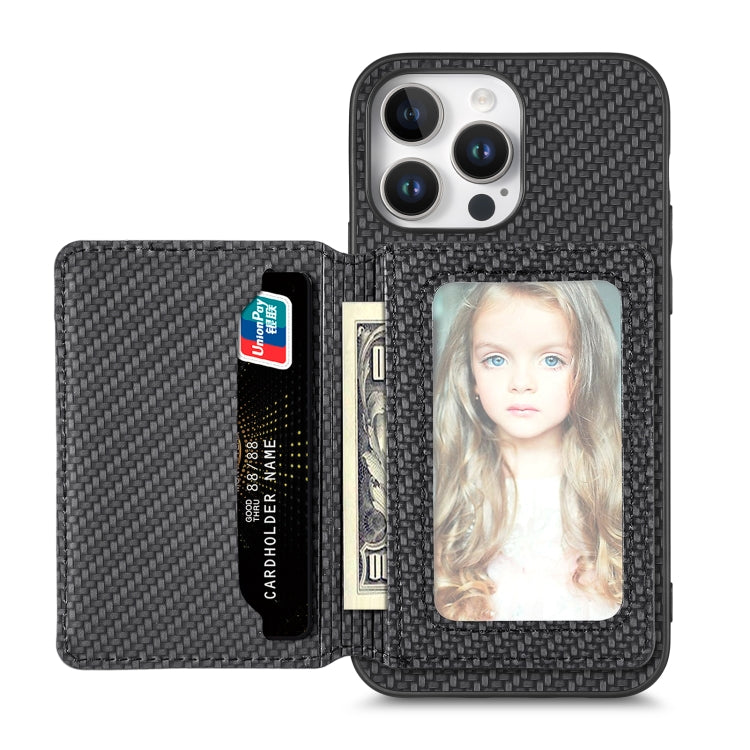 For iPhone 16 Carbon Fiber Magnetic Card Wallet RFID Blocking Phone Case