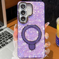 Electroplated Glitter Lens Film Texture Magnetic Metal Pivot Holder Shockproof Phone Case, For Samsung Galaxy S25 5G