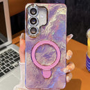 Electroplated Glitter Lens Film Texture Magnetic Metal Pivot Holder Shockproof Phone Case, For Samsung Galaxy S25 5G