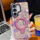 Electroplated Glitter Lens Film Texture Magnetic Metal Pivot Holder Shockproof Phone Case, For Samsung Galaxy S25 5G