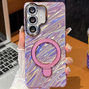 Electroplated Glitter Lens Film Texture Magnetic Metal Pivot Holder Shockproof Phone Case, For Samsung Galaxy S25+ 5G