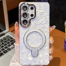 Electroplated Glitter Lens Film Texture Magnetic Metal Pivot Holder Shockproof Phone Case, For Samsung Galaxy S25 Ultra 5G