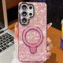 Electroplated Glitter Lens Film Texture Magnetic Metal Pivot Holder Shockproof Phone Case, For Samsung Galaxy S25 Ultra 5G