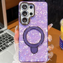 Electroplated Glitter Lens Film Texture Magnetic Metal Pivot Holder Shockproof Phone Case, For Samsung Galaxy S25 Ultra 5G