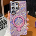 Electroplated Glitter Lens Film Texture Magnetic Metal Pivot Holder Shockproof Phone Case, For Samsung Galaxy S25 Ultra 5G