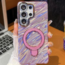 Electroplated Glitter Lens Film Texture Magnetic Metal Pivot Holder Shockproof Phone Case, For Samsung Galaxy S25 Ultra 5G