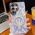Electroplated Glitter Lens Film Texture Magnetic Metal Pivot Holder Shockproof Phone Case, For Samsung Galaxy S25 Ultra 5G