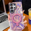 Electroplated Glitter Lens Film Texture Magnetic Metal Pivot Holder Shockproof Phone Case, For Samsung Galaxy S25 Ultra 5G