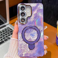 Electroplated Glitter Lens Film Texture Magnetic Metal Pivot Holder Shockproof Phone Case, For Samsung Galaxy A15 5G