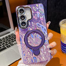 Electroplated Glitter Lens Film Texture Magnetic Metal Pivot Holder Shockproof Phone Case, For Samsung Galaxy A55 5G