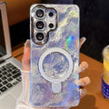Electroplated Glitter Lens Film Texture Magnetic Metal Pivot Holder Shockproof Phone Case, For Samsung Galaxy S24 Ultra 5G