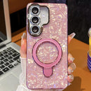 Electroplated Glitter Lens Film Texture Magnetic Metal Pivot Holder Shockproof Phone Case, For Samsung Galaxy S24 5G