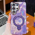 Electroplated Glitter Lens Film Texture Magnetic Metal Pivot Holder Shockproof Phone Case, For Samsung Galaxy S23 Ultra 5G
