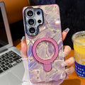Electroplated Glitter Lens Film Texture Magnetic Metal Pivot Holder Shockproof Phone Case, For Samsung Galaxy S23 Ultra 5G
