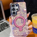 Electroplated Glitter Lens Film Texture Magnetic Metal Pivot Holder Shockproof Phone Case, For Samsung Galaxy S23 Ultra 5G