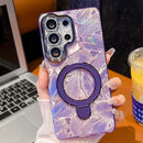Electroplated Glitter Lens Film Texture Magnetic Metal Pivot Holder Shockproof Phone Case, For Samsung Galaxy S23 Ultra 5G