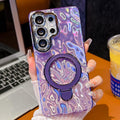 Electroplated Glitter Lens Film Texture Magnetic Metal Pivot Holder Shockproof Phone Case, For Samsung Galaxy S23 Ultra 5G
