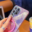 Electroplated Glitter Lens Film Texture Magnetic Metal Pivot Holder Shockproof Phone Case, For Samsung Galaxy S24+ 5G