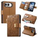 For iPhone Duo Flowers Leaves Zipper Wallet Leather Phone Case with Strap