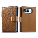 For iPhone Duo Flowers Leaves Zipper Wallet Leather Phone Case with Strap