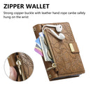 For iPhone Duo Flowers Leaves Zipper Wallet Leather Phone Case with Strap