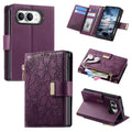 For iPhone Duo Flowers Leaves Zipper Wallet Leather Phone Case with Strap