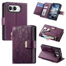 For iPhone Duo Flowers Leaves Zipper Wallet Leather Phone Case with Strap