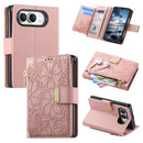 For iPhone Duo Flowers Leaves Zipper Wallet Leather Phone Case with Strap