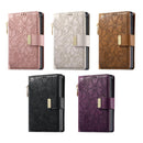 For iPhone Duo Flowers Leaves Zipper Wallet Leather Phone Case with Strap