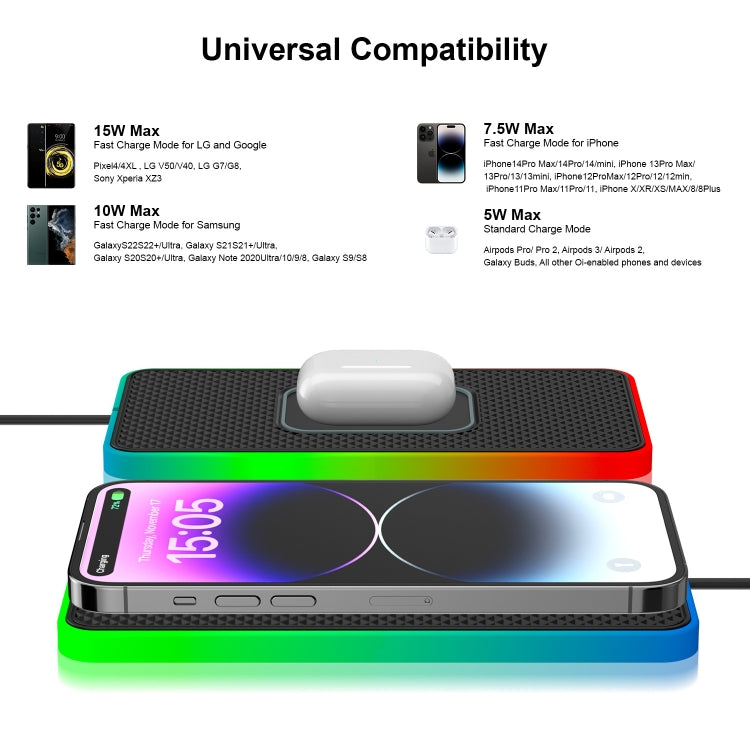 2 In 1 15W Car Mobile Phone Wireless Charger Non-slip Mat with Colourful Light