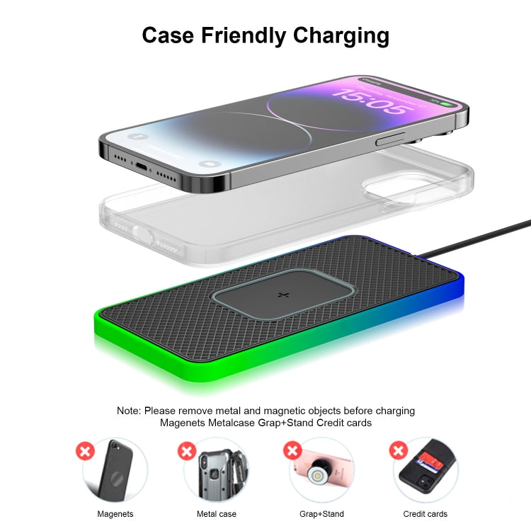 2 In 1 15W Car Mobile Phone Wireless Charger Non-slip Mat with Colourful Light