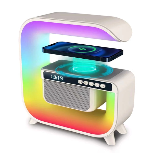 5 In 1 Wireless Charger Bluetooth Speaker Clock With RGB LED Atmosphere Smart Light