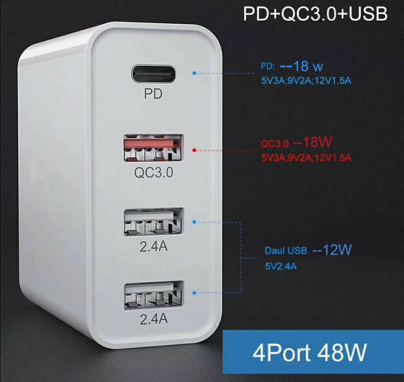 48W 4 Port Charger Quick Fast Charge 3.0 USB C Wall Power Adapter PD Type C For Samsung iPhone AU Plug