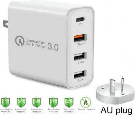 48W 4 Port Charger Quick Fast Charge 3.0 USB C Wall Power Adapter PD Type C For Samsung iPhone AU Plug
