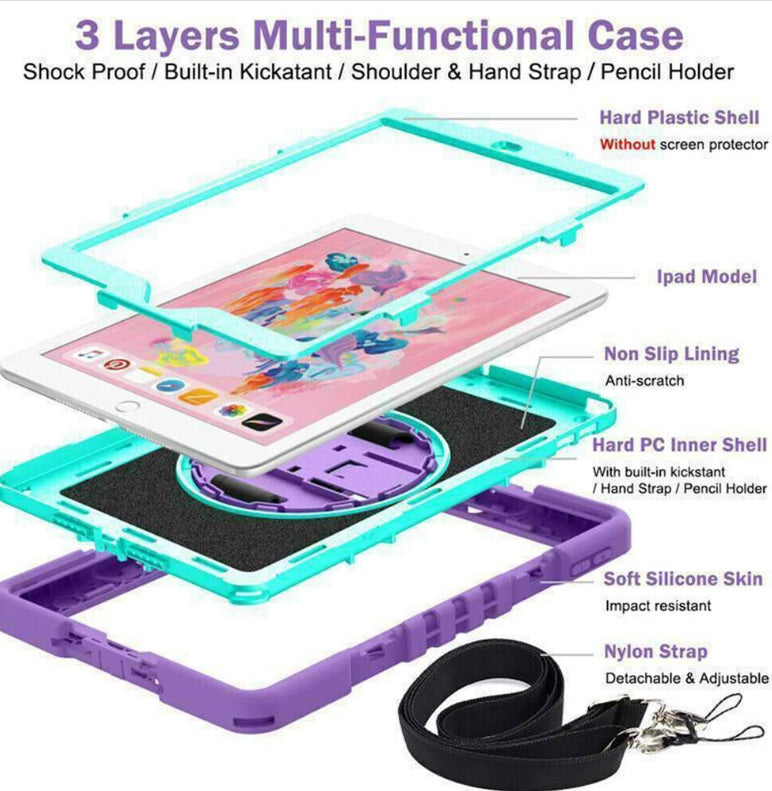 iPad 5th Gen 9.7" Kids Shockproof Stand Case Protective Cover w/ Strap