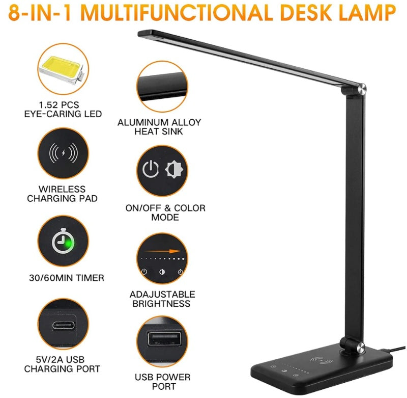 Desk Lamp with Wireless Charger & USB Charging Port with 5 Brightness Levels & 5 Lighting Modes